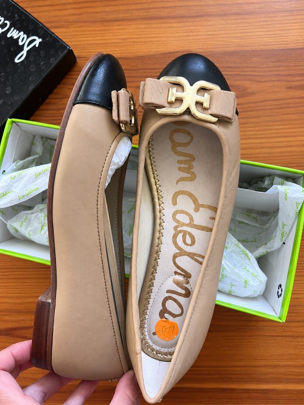 NEW Sam Edelman Mage 7 Nude Black Colorblock Leather Ballet Flats Gold Logo HTF